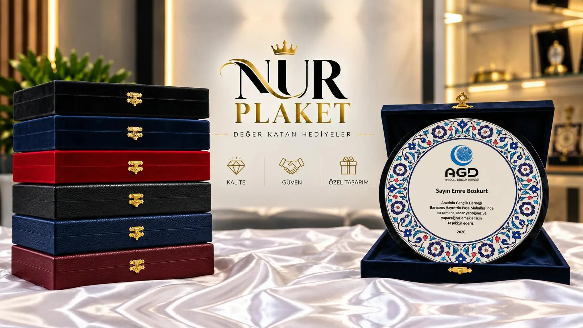 Nur Plaket kadife kutular ve kadife kutuda çini plaket, Nur Plaket logosu